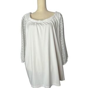 Talbots Woman Peasant Blouse in White w/Crochet Lace Sleeve Size 3X